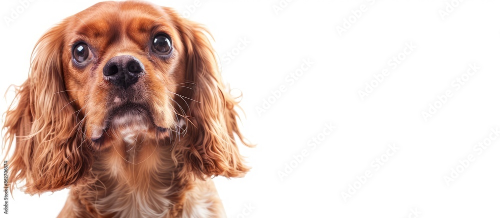 Poster adorable cavalier spaniel portrait against a white background with available copy space image.