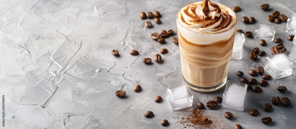 Poster trendy coffee cocktail on a grey background mock-up with copy space image for text, featuring dalgon