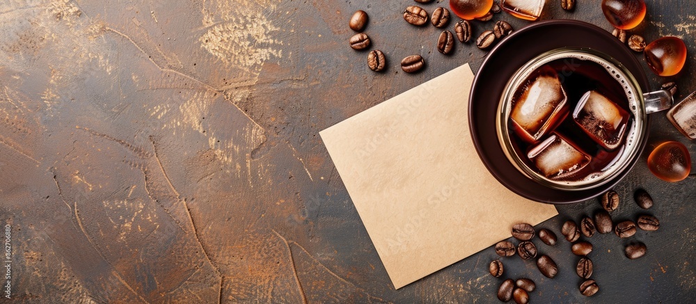Poster iced coffee next to a blank message card with copy space image.