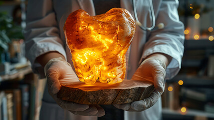 Medical doctor in gloves and a white coat holding a glowing wooden calcaneus model with the sustentaculum tali and tuberosity explaining its function