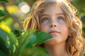 Fototapeta premium A child with bright blue eyes and curly hair looks up amid lush greenery, her curious expression and the light filtering through the leaves create a magical scene.