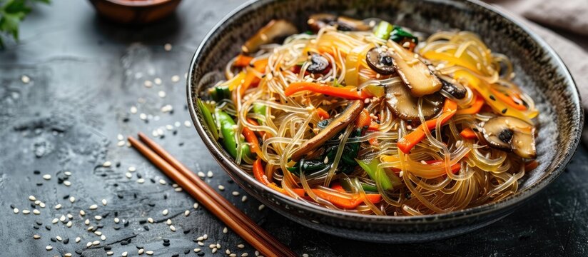Korean vegan japchae dish with stir-fried mushrooms, leeks, and glass noodles, served in a beautifully presented copy space image.
