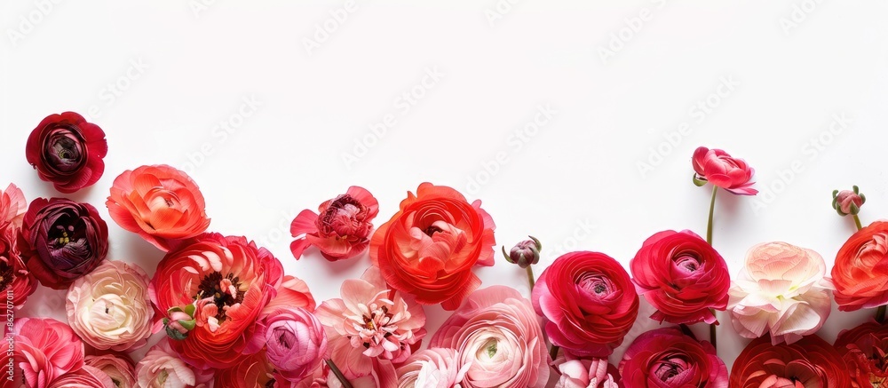 Poster Close-up of ranunculus flowers against a white backdrop with copy space image.