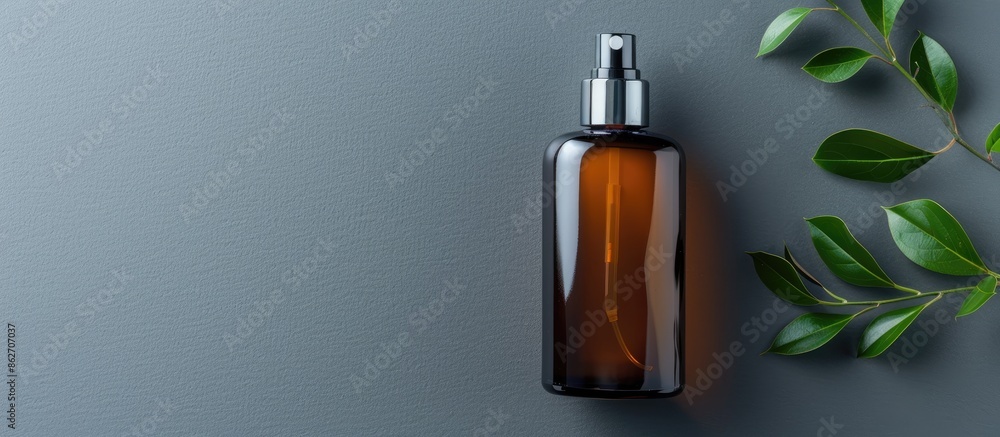Poster top view of a men's cosmetic bottle presented on a gray background with copy space image.