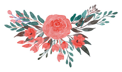 Watercolor rose flower bouquet collection. Set watercolor flowers. Watercolor drawing of leaves and flowers. Red flower green leaf leaves branches floral arrangement. 