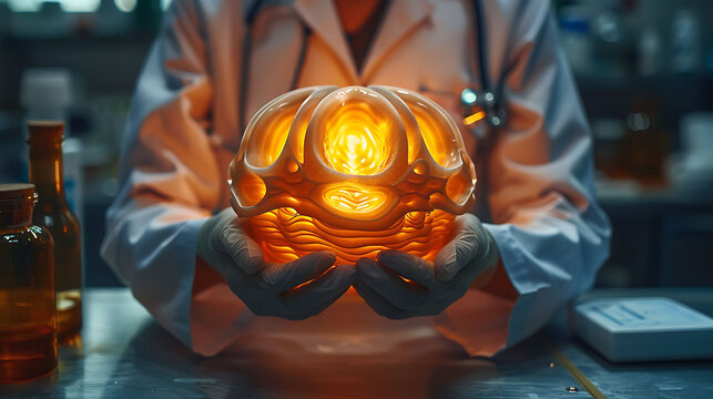 Medical doctor in gloves and a lab coat holding a glowing wooden radius model showing the radial head and styloid process demonstrating its structure