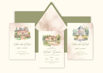 Luxury wedding invitation card background with watercolor country house for wedding ceremony.