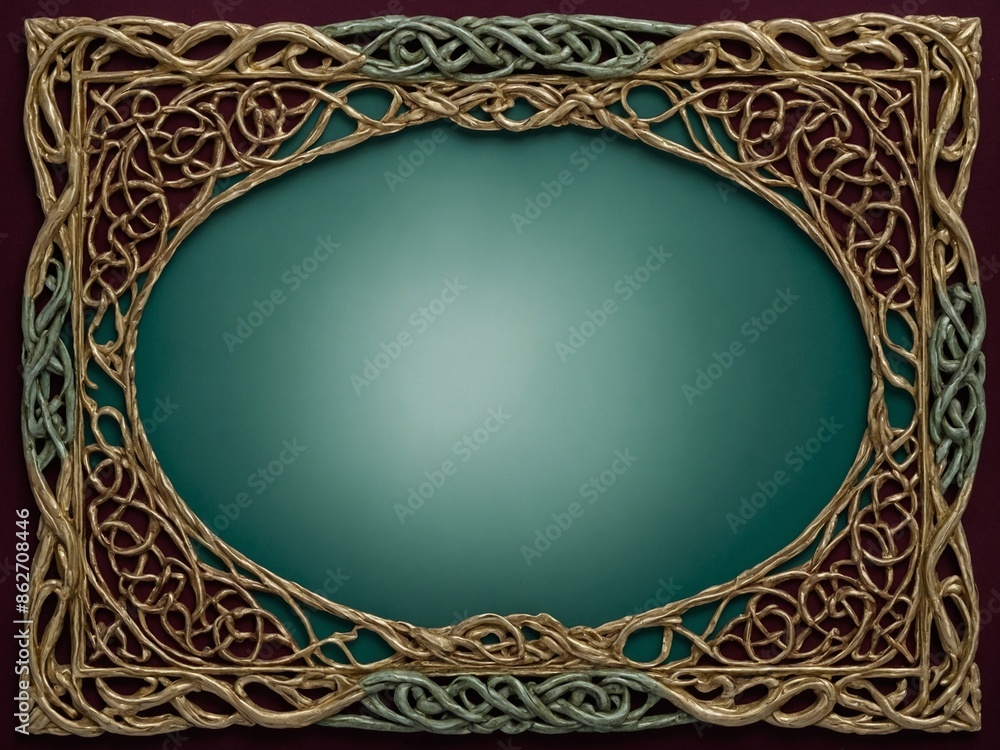Poster ornate, symmetrical frame encloses teal expanse, inviting artistic expression. intricate vine-like p