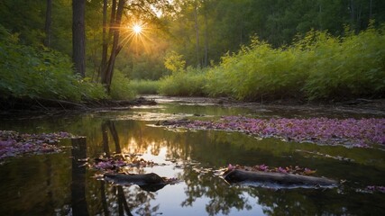 Fototapeta premium Sun-kissed stream winds through dense forest, reflecting golden hues of sunset. Pink flower petals dot waters surface, partially submerged logs lie in foreground.