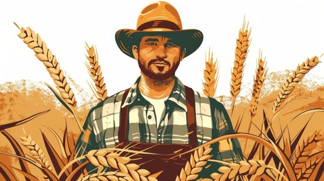 A man in a straw hat stands in a field of wheat. The man is wearing a plaid shirt and apron