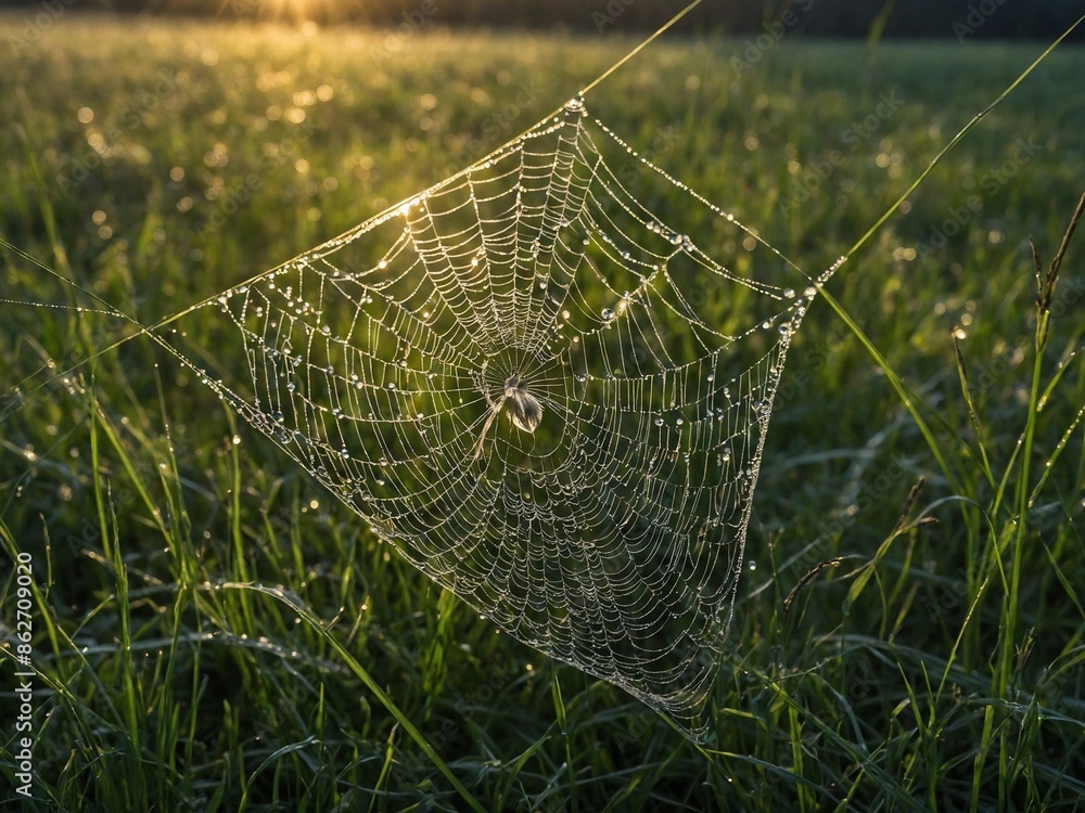 Aufkleber in early morning light, spider web glistens with dew, stretched between blades of grass in field. in