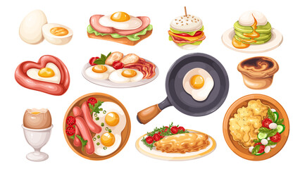 Eggs dishes set, cartoon morning food. Fried eggs with sausages, slices of bacon and ham on toast, top view of cartoon plates with omelette and tomato salad, zucchini pancakes vector illustration