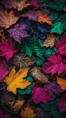 Obraz premium Vibrant collection of autumn leaves scattered on ground. Leaves display variety of colors, including shades of red, yellow, orange, green, brown, creating rich tapestry of fall foliage.