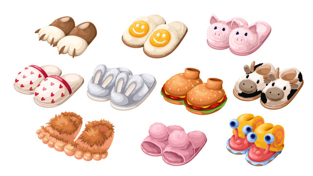 Cute slippers set, cartoon home footwear for adults and kids. Funny cozy shoes with with rabbit ears and animal paw, snail and cow faces. Pajama party mascot, cartoon slippers vector illustration