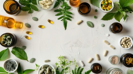 Herbal remedies and plants in alternative medicine naturopathy and dietary supplements shown from above. Generative AI