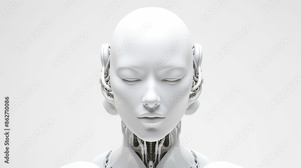 Poster smart android head close up with humanoid features. futuristic robot face concept with white sleek d