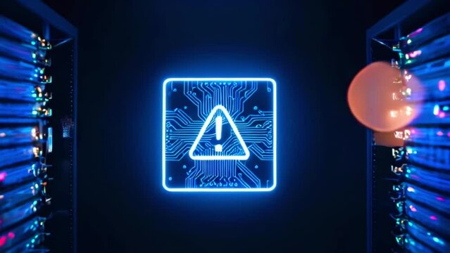 A glowing blue exclamation warning mark against a dark background with circuit board patterns.