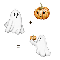 Cute illustration for Halloween with ghost and pumpkin 