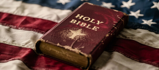 Biblia de color azul sobre la bandera de Estados Unidos, simbolizando la importancia de la misma y el cristianismo sobre la cultura americana