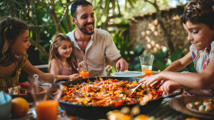 A joyful family gathers around a table in a lush garden to share a homemade paella, enjoying each other's company. Serving delicious paella outdoors. Traditional spanish food. Gastronomy.