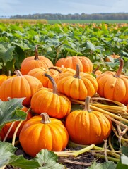 ripe orange pumpkins in autumn field, close-up view, harvest season.