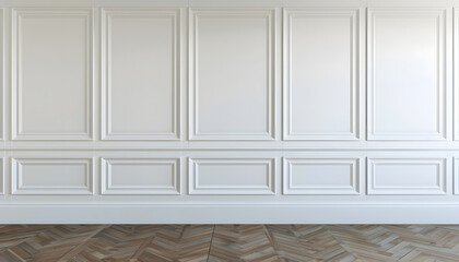 Classic white wall panels, moldings and wooden floor, simple minimalist background