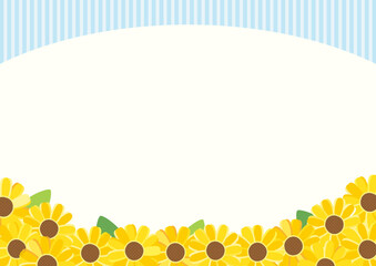 夏のひまわりのフレーム、背景水色のストライプ柄のベクターイラスト01
