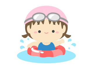 夏の海やプールで浮き輪をつけて泳ぐ女の子02