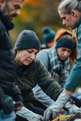 Fototapeta premium A group of people are gathered around a woman who is wearing a hat and gloves. The woman is looking at something on the ground, and the group is helping her. Scene is one of teamwork and cooperation