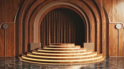 Obraz premium Product podium. Realistic empty black and golden pedestal mockup for cosmetics advertising. Minimal beauty scene. Cylindrical stage shape and ar deco style