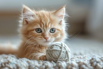 Obraz premium Adorable Kitten Playing With a Ball of Yarn on a White Carpet
