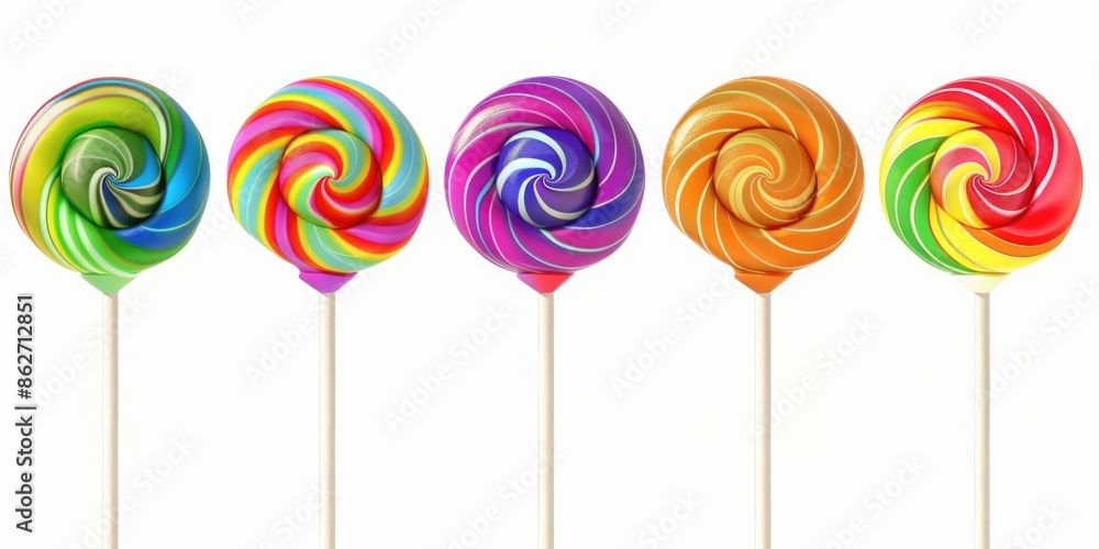 Poster a row of colorful lollipops with a white background. the lollipops are of different colors and sizes