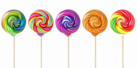 A row of colorful lollipops with a white background. The lollipops are of different colors and sizes, and they are all lined up next to each other. Concept of fun and playfulness