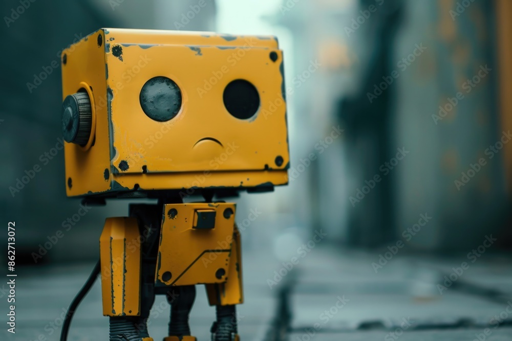Poster a yellow robot is standing on a sidewalk. the robot has a sad expression on its face. the scene is s