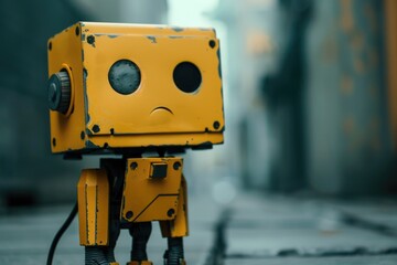 Fototapeta premium A yellow robot is standing on a sidewalk. The robot has a sad expression on its face. The scene is set in a city, with a street in the background
