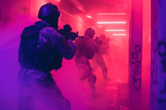Battles in laser tag, where participants navigate through corridors filled with pink fog and maze-like passages.