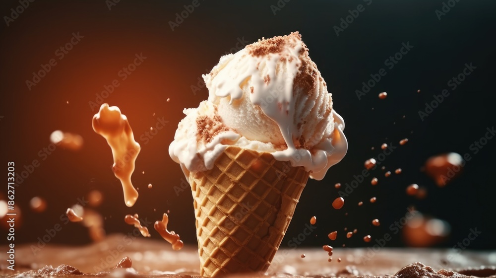 Poster a scoop of ice cream in a waffle cone is splattered with chocolate sauce. concept of indulgence and 