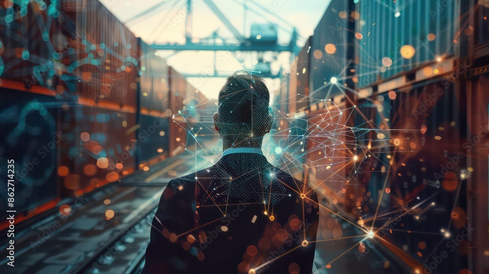 Poster logistic transportation network concept, business man monitor by using artificial intelligence techn