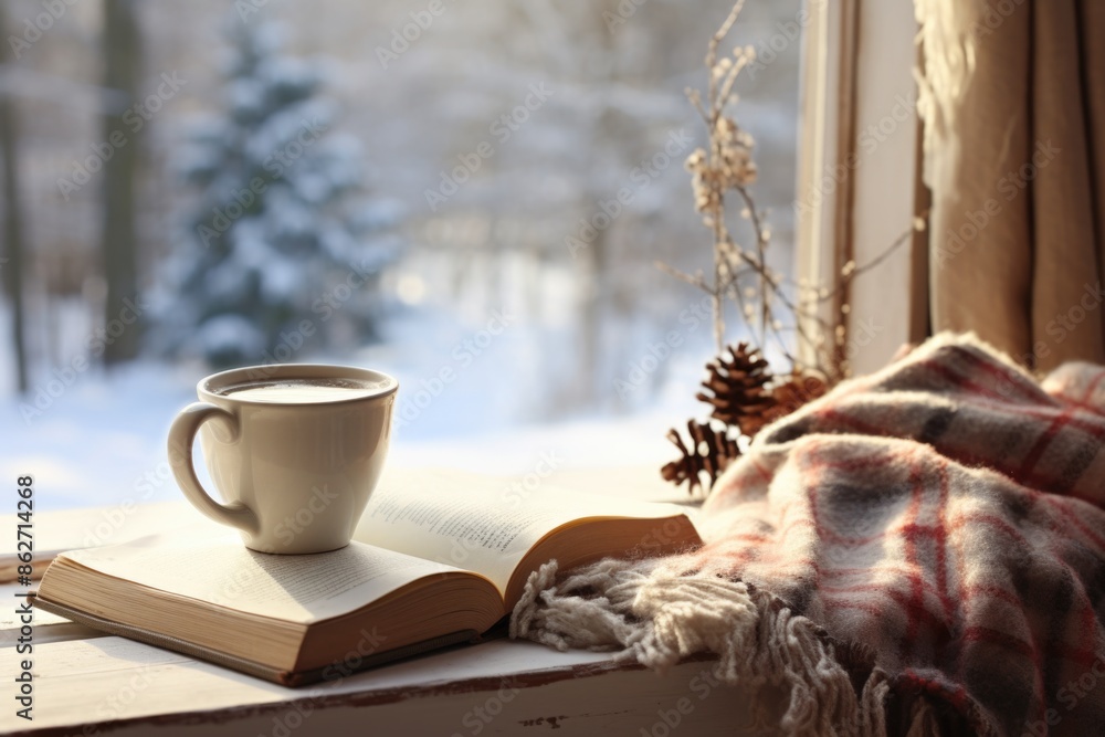 Poster a book and a mug of coffee sit on a table by a window. the book is open to a page with a picture of 