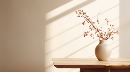 A vase of flowers sits on a wooden table in a room with a white wall. The vase is filled with pink flowers and is placed in the center of the table. The room has a simple and clean design
