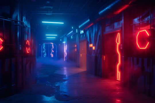 An atmospheric background with a laser tag arena at night, with the glowing targets and neon-lit obstacles.