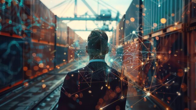 logistic transportation network concept, business man monitor by using artificial intelligence technology to manage localization and identification data of supply chain to improve economy system