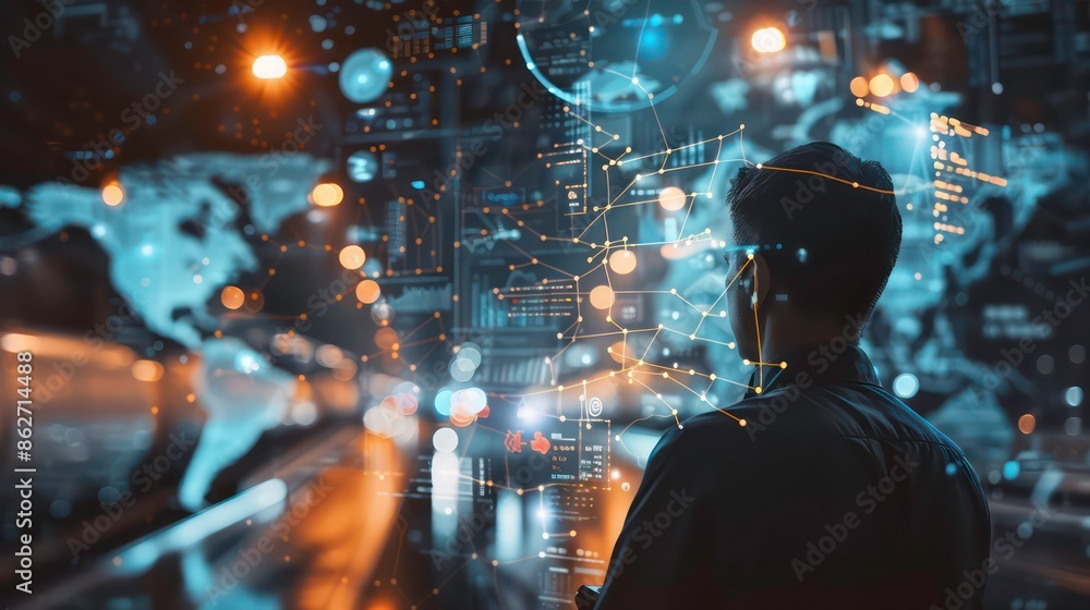 Poster logistic transportation network concept, business man monitor by using artificial intelligence techn