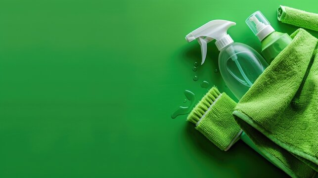 A green background with a spray bottle and a green towel