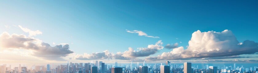 cityscape skyline with dramatic clouds and blue sky, modern urban architecture, aerial view.