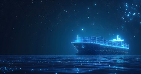 Obraz premium Cargo ship colorful blue containers left side aerial view map blue background Cargo and transpot concept