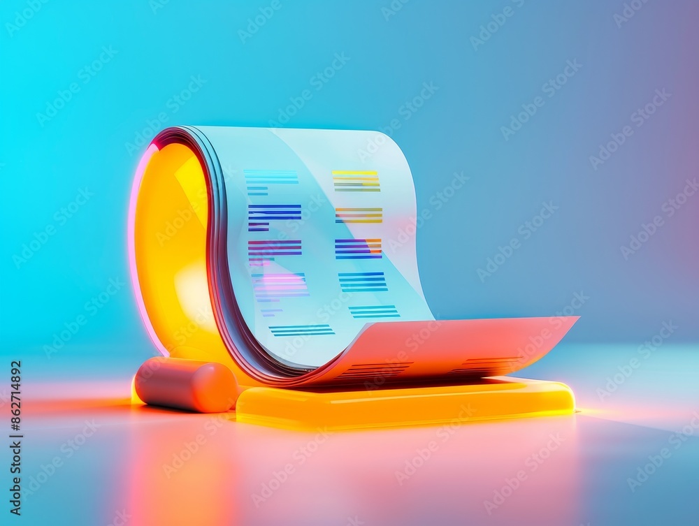 Poster abstract 3d rendering of rolled paper on colorful background.