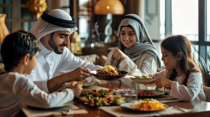 Muslim family gathering around dining table for Ramadan dinner.