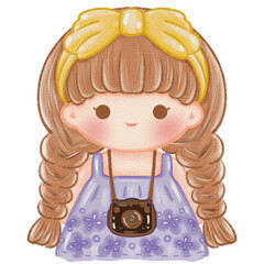 A little girl with camera watercolor illustration 
