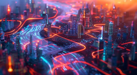 Fototapeta premium 3D illustration smart city aerial view surrounded glowing data streams digital connections smart services networks concept